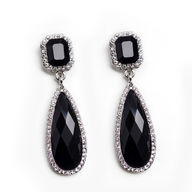 Jet Crystal Teardrop Earring in Rhodium Plating