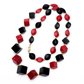 Cube Black and Fuchsia Red Long Necklace with Gold Accent