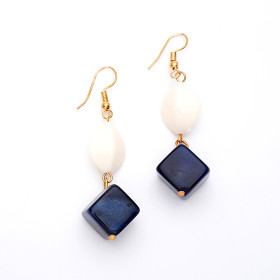 Navy Blue Hematite and Cream Mix Earrings with Gold Fish Hook