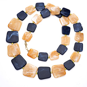 Square Slate Navy Blue and Rock Sugar Long Necklace with Gold Accent