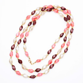 Barrel Burgundy Rose and Rock Sugar Mix Long Necklace with Gold Accent