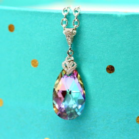 Clear CZ  with Multi Color Teardrop Necklace on Rhodium