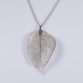 Natural Leaf Long Necklace with 35" Chain in Rhodium Plating
