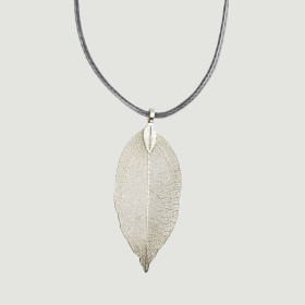 Natural Leaf Short Necklace with Black Cord in Rhodium Plating