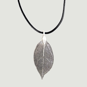 Natural Leaf Short Necklace with Black Cord in Anti-Silver Plating