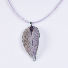 Natural Leaf Short Necklace with Purple Cord in Rainbow Plating