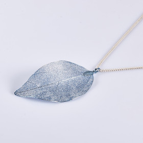 Blue Natural Leaf Long Necklace with 35” Chain in Silver Plating