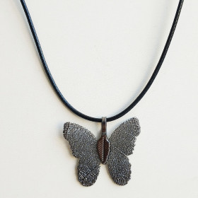Natural Leaf Butterfly Necklace with Black Cord in Gunmetal