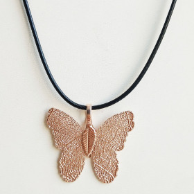 Natural Leaf Butterfly Necklace with Black Cord in Rose Gold