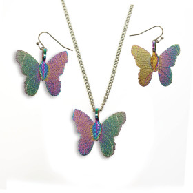 Natural leaf Butterfly Necklace and Earring Set in Rainbow