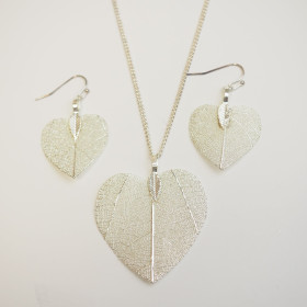 Heart Shape Natural Leaf Silver Pendant and Earrings Set in Cardboard Gift Box
