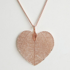 Natural Leaf Long Heart Necklace in Rose Gold