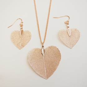 Heart Shape Natural Leaf Rose Gold Pendant and Earrings Set in Cardboard Gift Bo