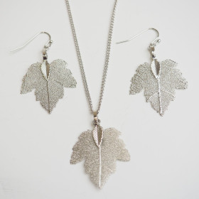 Natural Leaf Rhodium Necklace and Earrings Set in Cardboard Gift Box