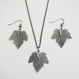 Natural Leaf Gunmetal Necklace and Earrings Set in Cardboard Gift Box