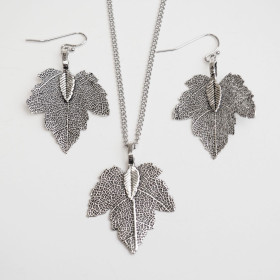 Natural Leaf Anti-Silver Necklace and Earrings Set in Cardboard Gift Box