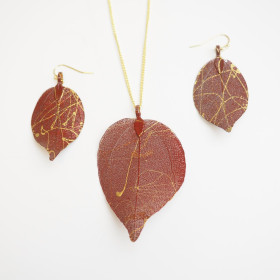 Red Natural Leaf Necklace and Earring Set in Cardboard Gift Box