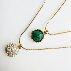 Two-Layers Crystal&Semi-precious Round Stone Necklace