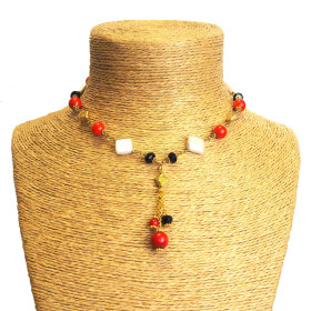 Coral and Mother of Pearl Y Shape Gold Plated Necklace