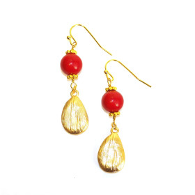 Coral and Teardrop Beads Gold Plated Earrings