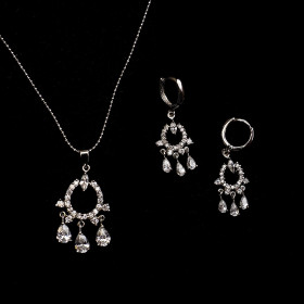 Clear CZ Necklace and Earring set with Brass in Rhodium Plating