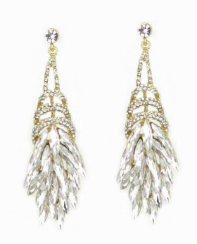 Peacock Feather Long Clear Crystal with Gold Plated Earrings