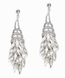 Peacock Feather Long Clear Crystal Earrings