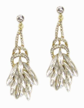 Peacock Feather Long Clear Crystal with Gold Plated Earrings