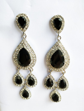 Balck Tear Drop Red Crystal Long Earrings