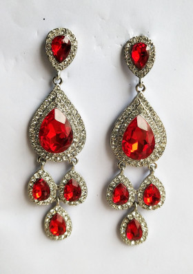 Tear Drop Red Crystal Long Earrings